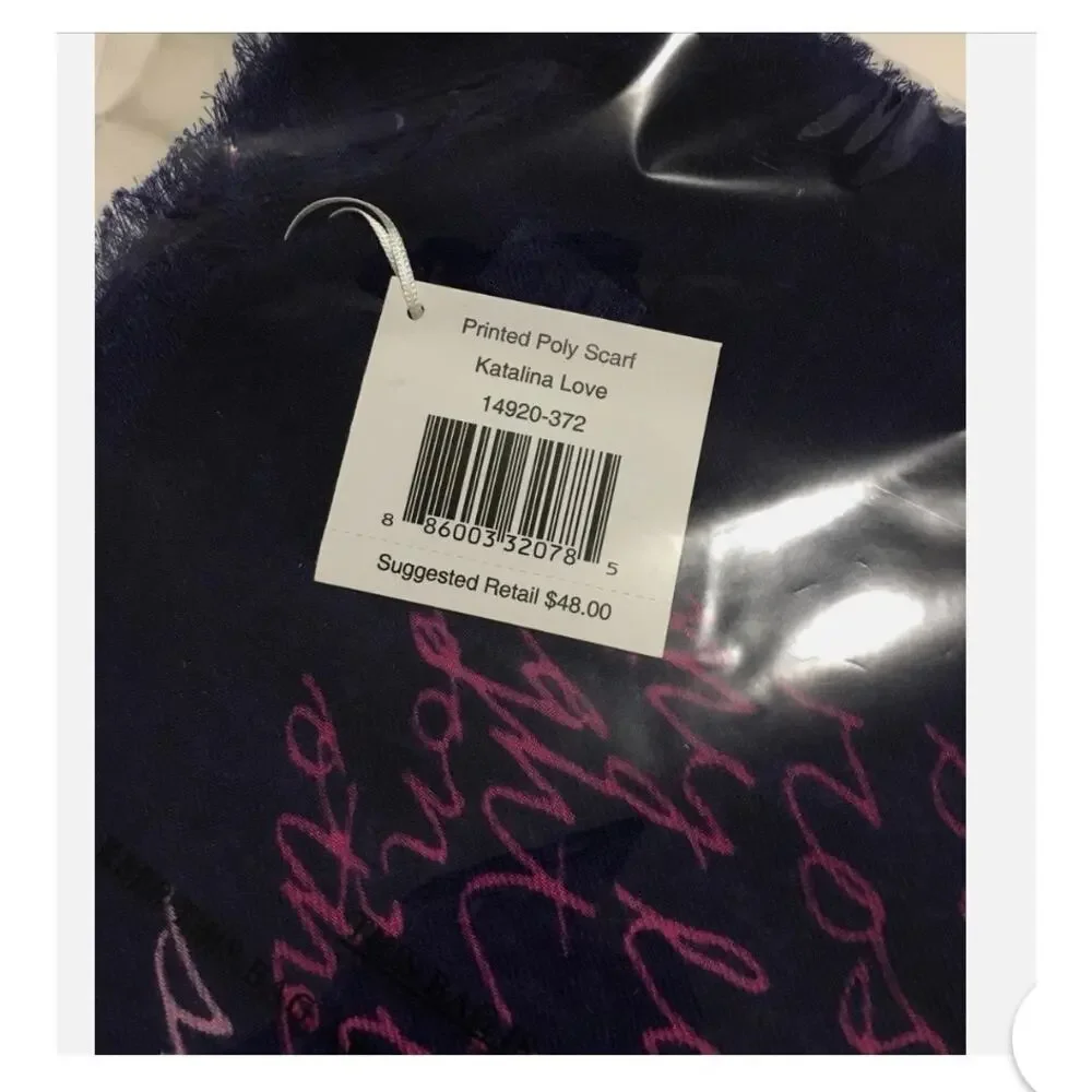 Vera Bradley Printed Poly Scarf-Katina Love-Navy Blue/Pink Script-76x36-NEW-1053